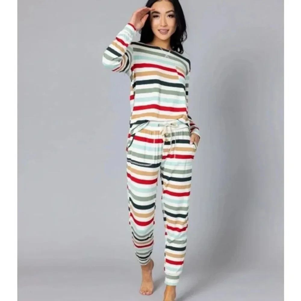 Lates By Kate Striped Pajama Set XS Long Sleeve Joggers Drawstring Comfy Stretch